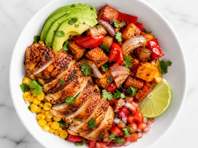 Air Fryer Sweet Potato Chicken Bowls with sliced chicken breast, roasted sweet potatoes, avocado, corn, pico de gallo, and lime in a white bowl.
