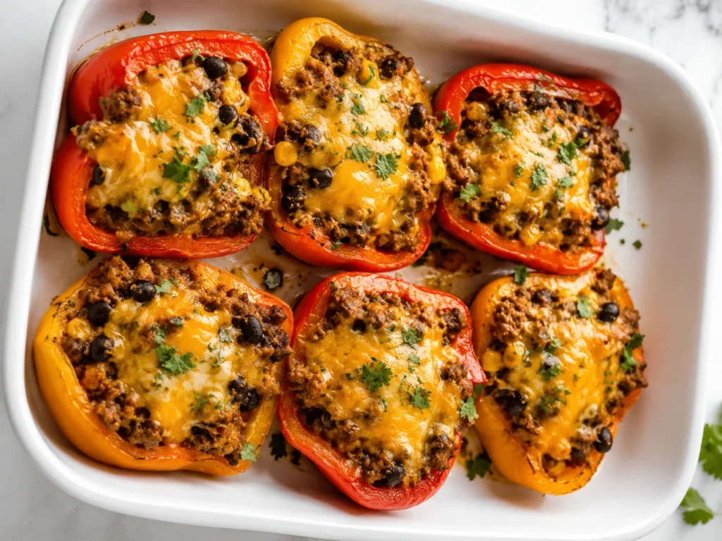 Air Fryer Taco Stuffed Peppers filled with seasoned beef, black beans, corn, melted cheddar cheese, and fresh cilantro in a white baking dish.