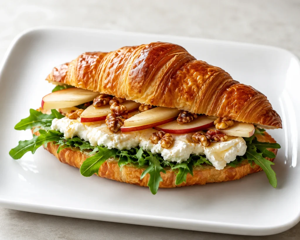 Apple & Goat Cheese Croissant Sandwich served on a white plate with fresh arugula, sliced apples, walnuts, and creamy goat cheese.