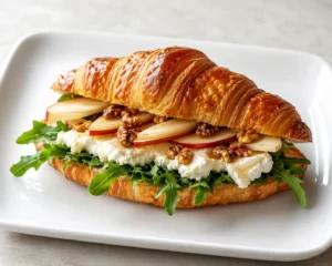 Apple & Goat Cheese Croissant Sandwich served on a white plate with fresh arugula, sliced apples, walnuts, and creamy goat cheese.