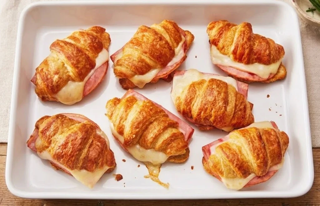 Freshly baked ham and cheese croissants with melted cheese and flaky golden pastry served on a white baking tray.