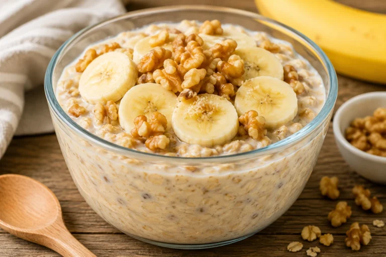 Banana Nut Overnight Oats served in a clear glass bowl topped with fresh banana slices and crunchy walnuts on a rustic wooden table.