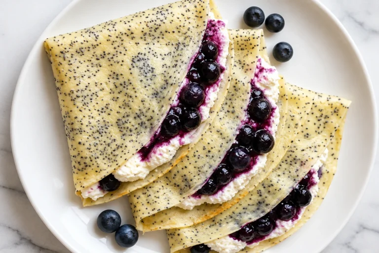 Blueberry Cheesecake Crepes filled with creamy cheesecake filling and juicy blueberries served on a white plate.