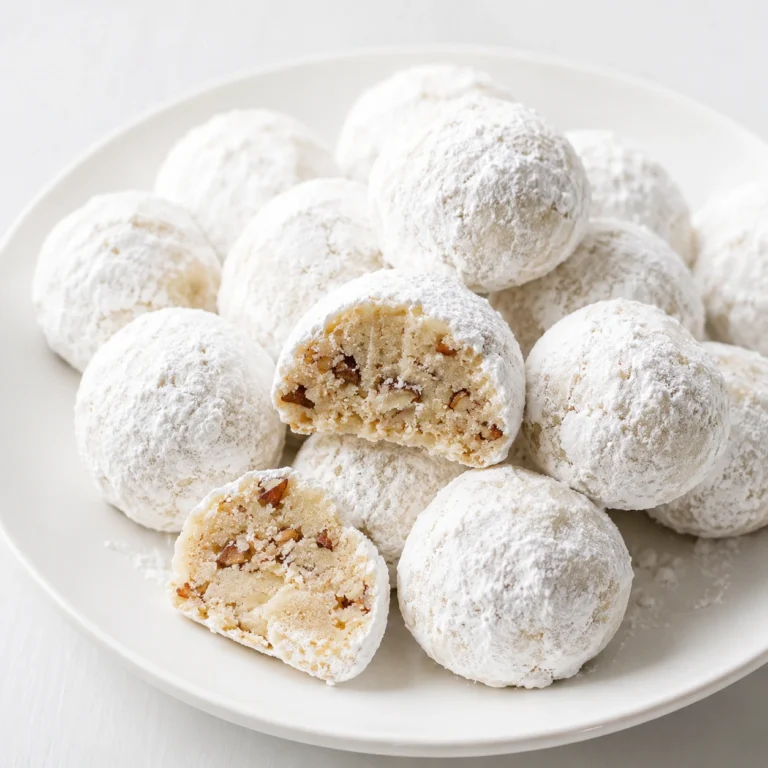 Buttery Pecan Snowball Cookies Recipe served on a white plate with powdered sugar coating and crunchy pecan filling.