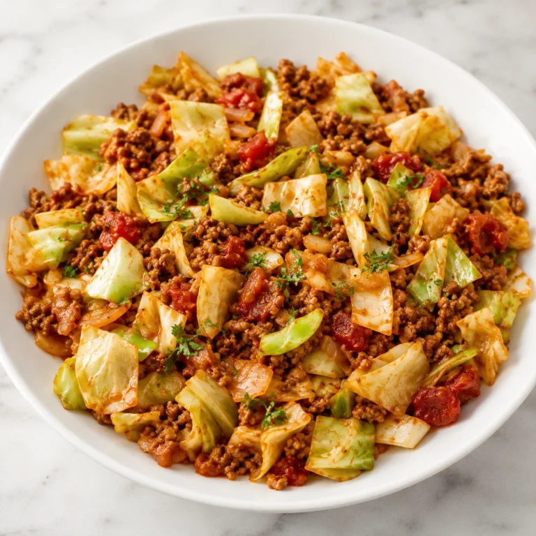 Cabbage Roll Skillet made with ground beef, tender cabbage, tomatoes, and savory seasonings served in a white bowl.
