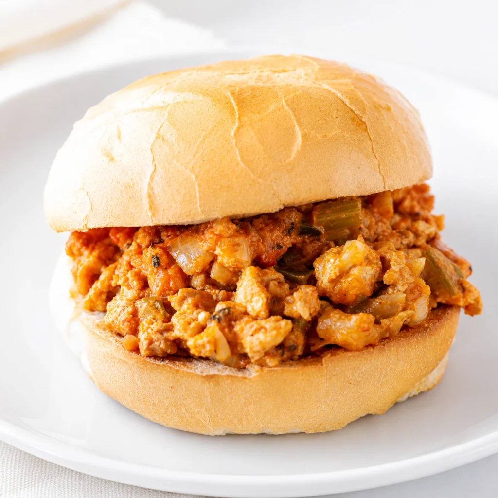 Cajun Chicken Sloppy Joes served on a soft toasted bun on a white plate with spicy creamy chicken filling and vegetables.