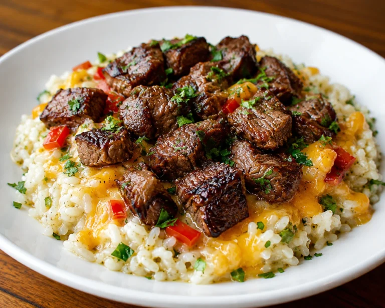 Steak Queso Rice Recipe served in a white bowl with juicy steak bites, creamy queso sauce, and fluffy rice