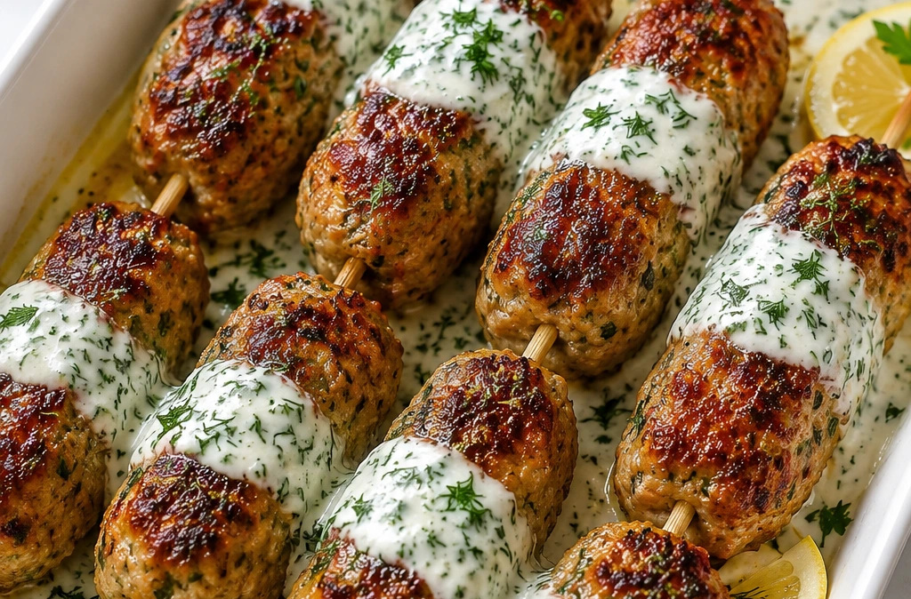 Chicken Kofta with Garlic Yogurt Sauce served in a white dish with grilled chicken skewers, creamy garlic sauce, fresh herbs, and lemon slices.