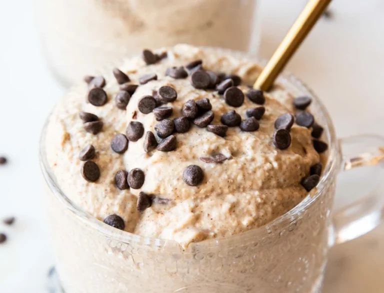 Creamy Chocolate Chip Cookie Overnight Oats in a clear glass bowl topped with mini chocolate chips and served with a golden spoon.