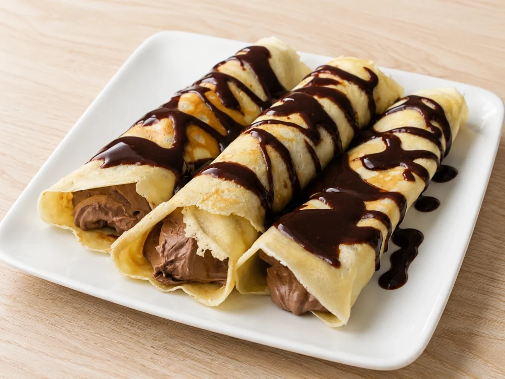 Chocolate-filled Rolled Crêpes served on a white square plate with rich chocolate drizzle on a light beige wooden table.