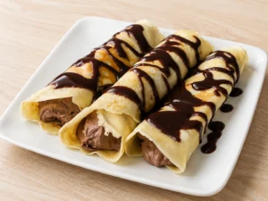 Chocolate-filled Rolled Crêpes served on a white square plate with rich chocolate drizzle on a light beige wooden table.