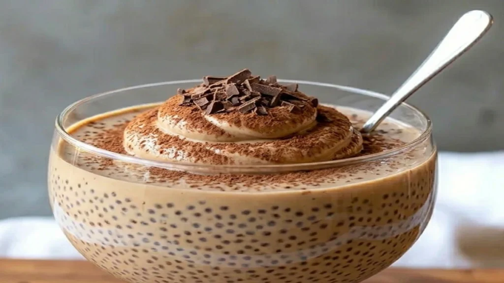 A creamy glass of Coffee Chia Seed Pudding, topped with a coffee mousse and shaved dark chocolate.