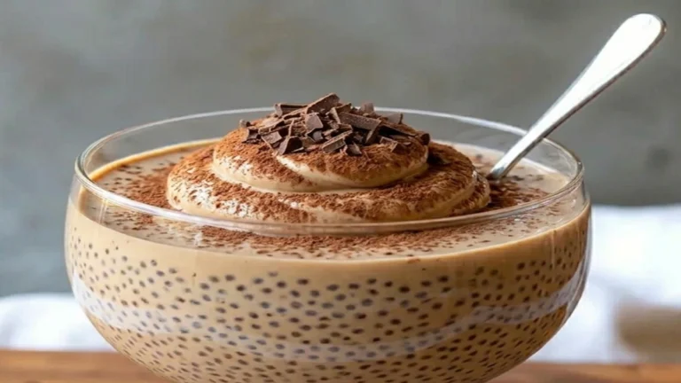A creamy glass of Coffee Chia Seed Pudding, topped with a coffee mousse and shaved dark chocolate.