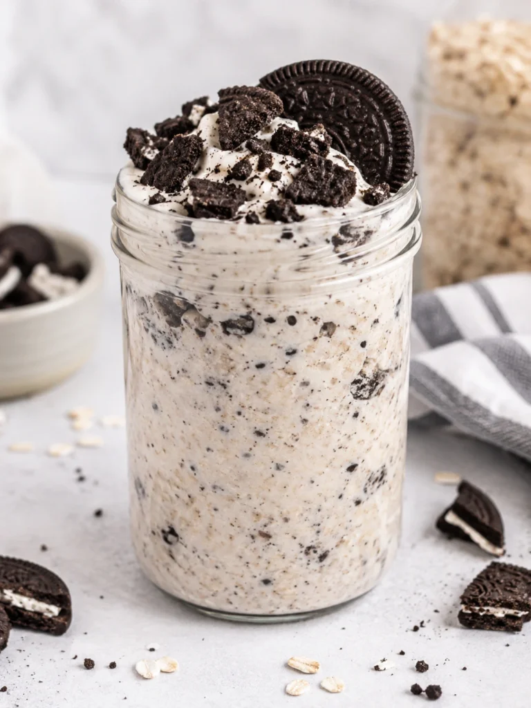 Cookies and Cream Overnight Oats in a glass jar topped with crushed chocolate cookies and creamy yogurt
