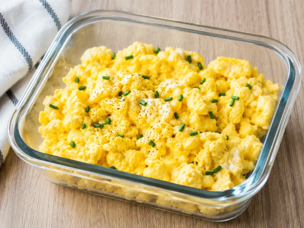 Cottage Cheese Scrambled Eggs served in a clear glass dish, topped with fresh chives and black pepper for a creamy high-protein breakfast.