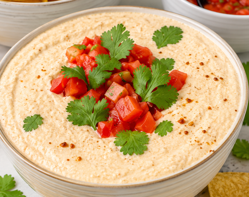 Creamy Cottage Cheese Taco Dip topped with diced tomatoes and fresh cilantro in a serving bowl