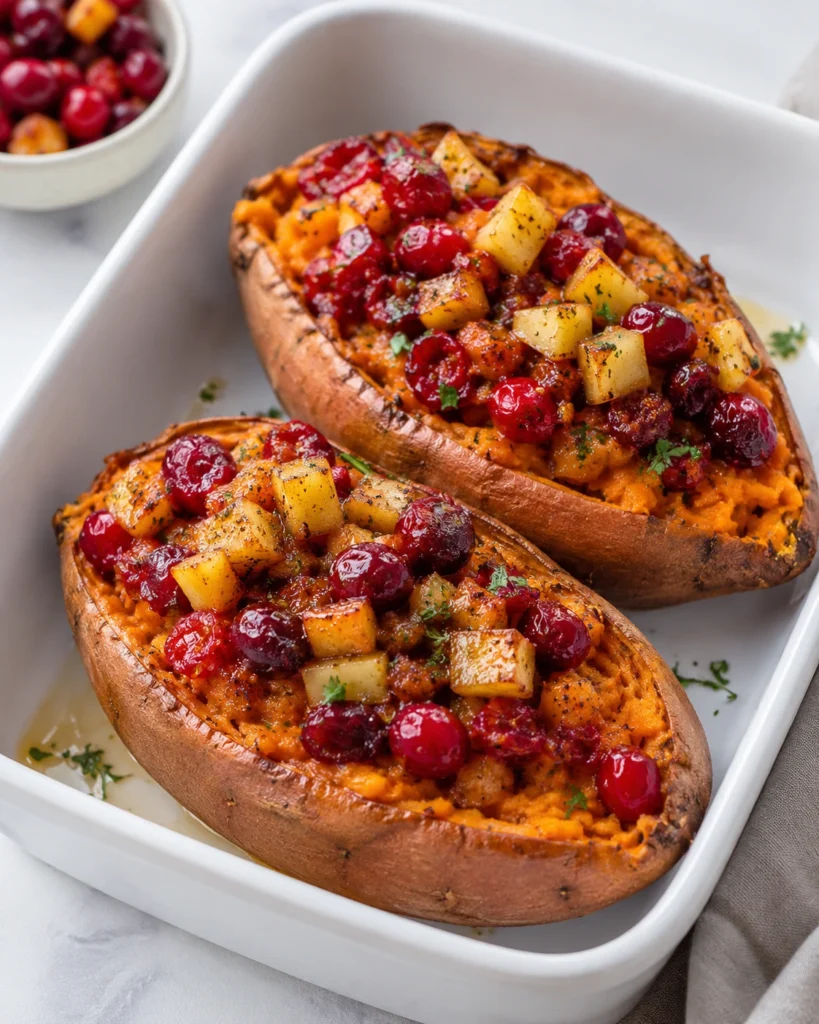 Cranberry Apple Twice-Baked Sweet Potatoes served in a white baking dish with roasted apples, juicy cranberries, and creamy sweet potato filling.