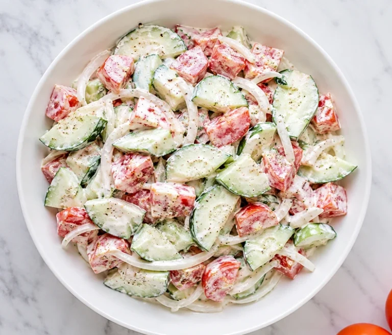 Creamy Cucumber Salad Recipe served in a white bowl with fresh cucumbers, tomatoes, onions, and creamy dressing.