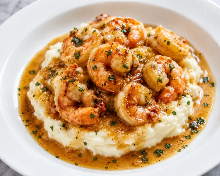 Creamy Garlic Butter Shrimp with Mashed potatoes served on a white plate with rich garlic butter sauce and fresh parsley garnish.