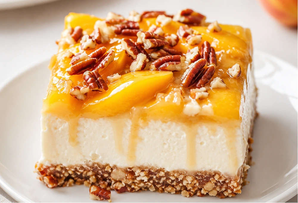 Creamy Peach Cheesecake topped with fresh peach slices and crunchy pecans on a buttery pecan crust