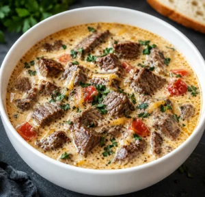 Creamy Philly Cheesesteak Soup served in a white bowl with tender steak pieces, melted cheese, peppers, and fresh parsley.