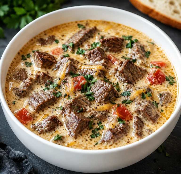 Creamy Philly Cheesesteak Soup served in a white bowl with tender steak pieces, melted cheese, peppers, and fresh parsley.