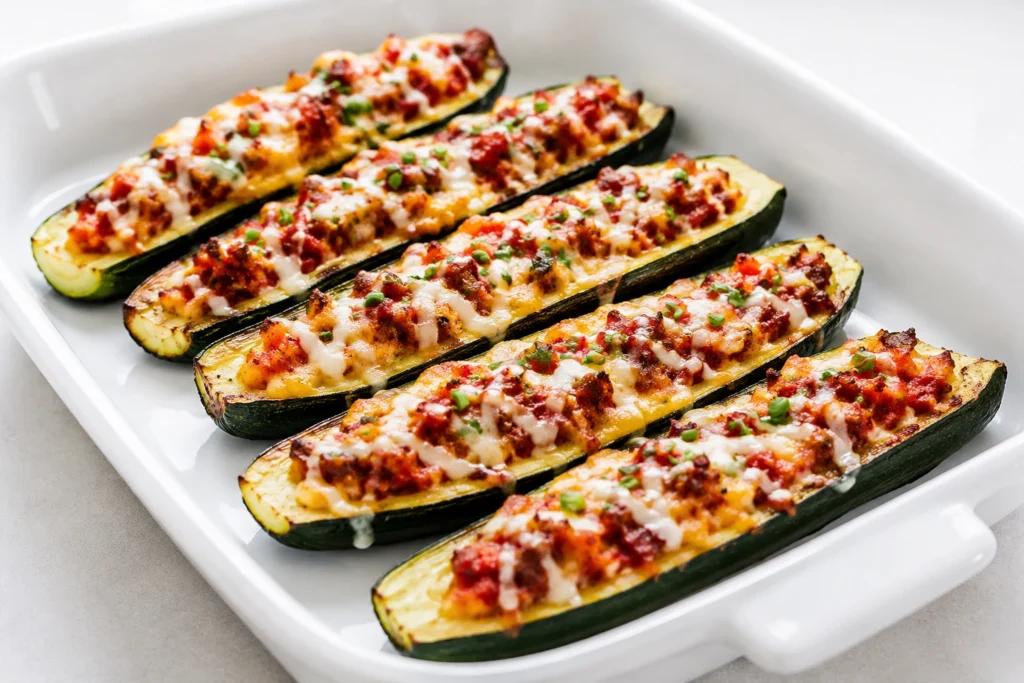 Crispy Air Fryer Zucchini Boats topped with melted cheese, tomatoes, and herbs served in a white baking dish.