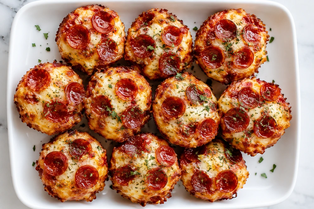 Crispy Keto Pepperoni Pizza Bites served in a white baking dish with melted cheese, mini pepperoni slices, and Italian herbs.
