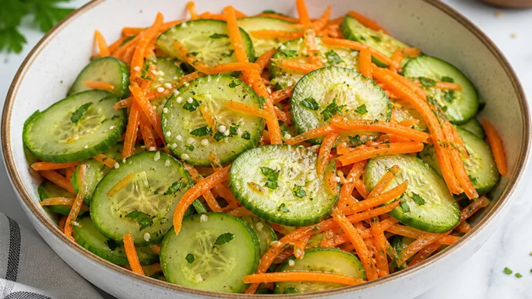 Fresh and colorful Cucumber Carrot Salad in a bowl, featuring sliced cucumbers and shredded carrots, garnished with herbs.