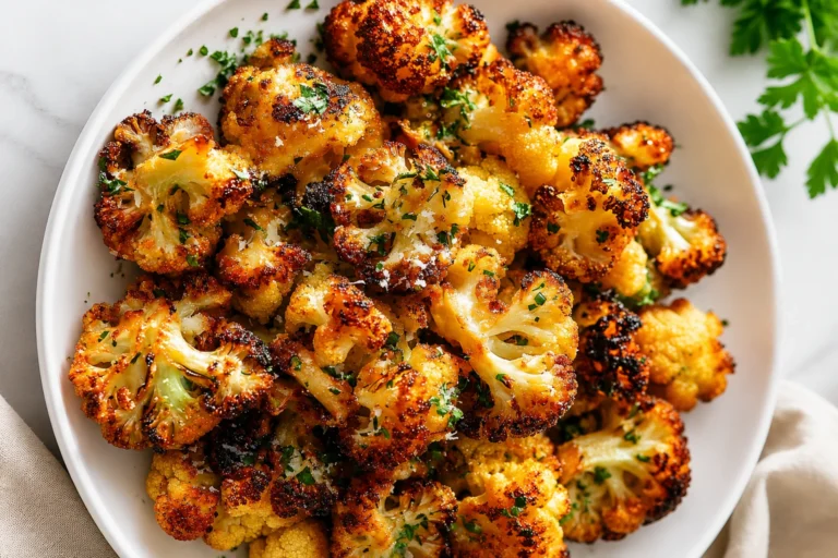 Golden crispy parmesan roasted cauliflower served in a white bowl with fresh herbs, perfect for cauliflower recipes and healthy vegetable sides.
