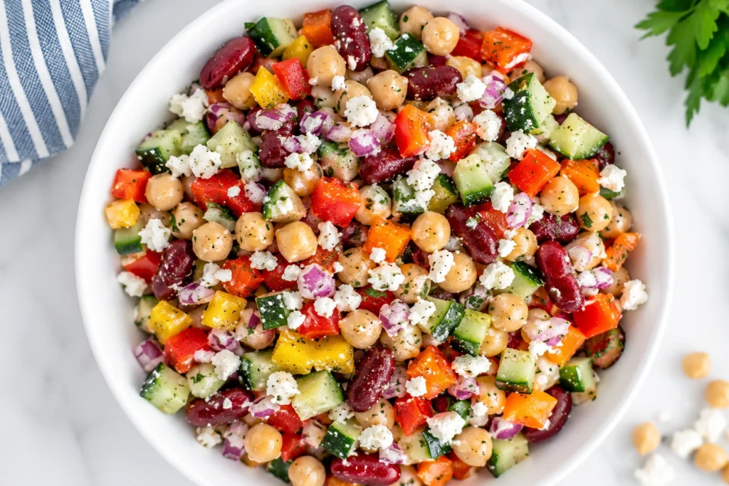 Dense Bean Salad Jars with chickpeas, kidney beans, cucumber, bell peppers, red onion, and feta cheese served in a white bowl.