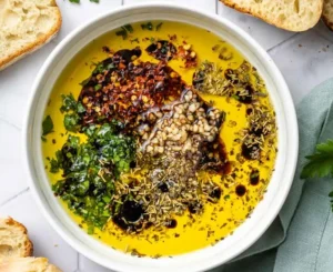 Easy Bread Dipping Oil Recipe served in a white bowl with olive oil, garlic, herbs, chili flakes, balsamic glaze, and seasonings surrounded by crusty bread slices.