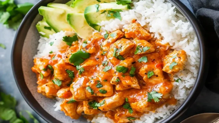 A bowl filled with fluffy basmati rice, creamy coconut milk and curry chicken, topped with sliced avocado and fresh cilantro, from the Easy Coconut Chicken Rice Bowl Recipe.