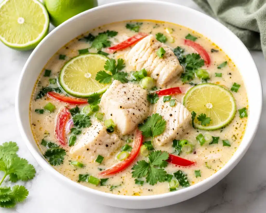 Easy Coconut Lime Fish Soup Recipe served in a white bowl with tender fish chunks, creamy coconut broth, fresh lime slices, cilantro, and red peppers.
