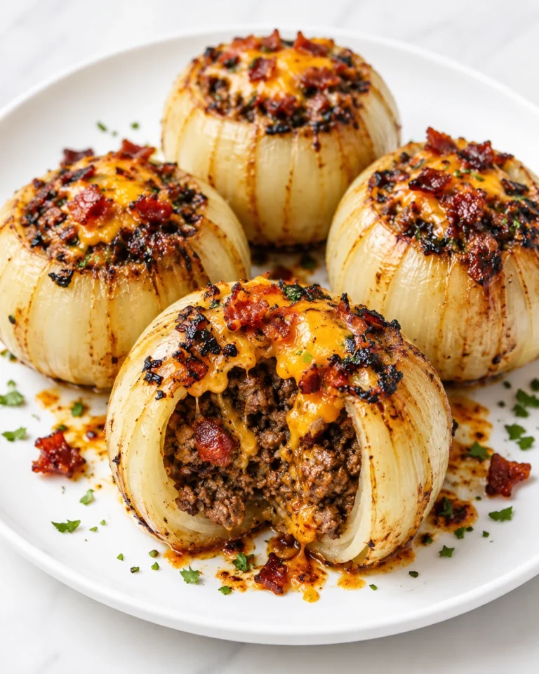 Firecracker Bacon Cheddar Cheeseburger Stuffed Onion Bombs filled with seasoned ground beef, melted cheddar cheese, and crispy bacon served on a white plate.