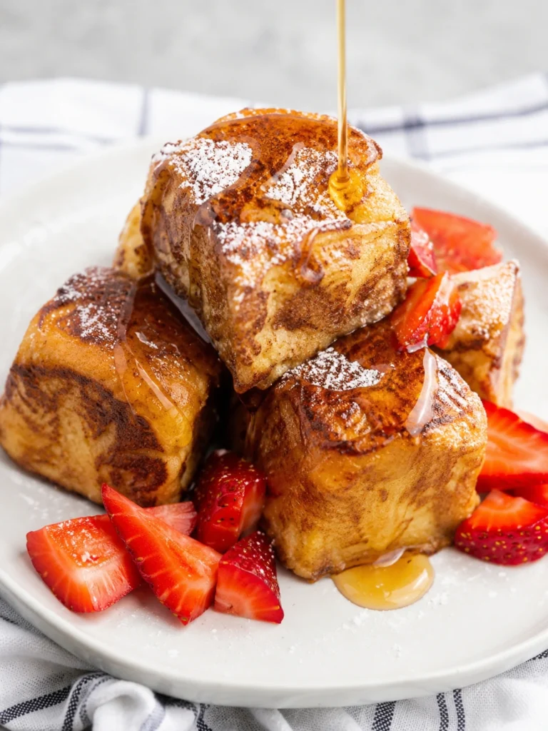 French Toast Hawaiian Rolls stacked on a white plate, topped with powdered sugar, fresh strawberries, and maple syrup drizzle for a sweet breakfast treat.