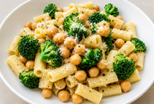 Bowl of Garlic Olive Oil Broccoli Chickpea Pasta with rigatoni, broccoli florets, chickpeas, parmesan cheese, and black pepper in a white bowl.