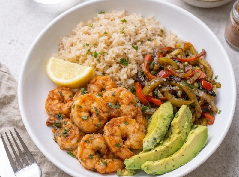 A white bowl filled with Garlic Shrimp Rice Bowl with Avocado, sautéed bell peppers and onions, avocado slices, and a lemon wedge.