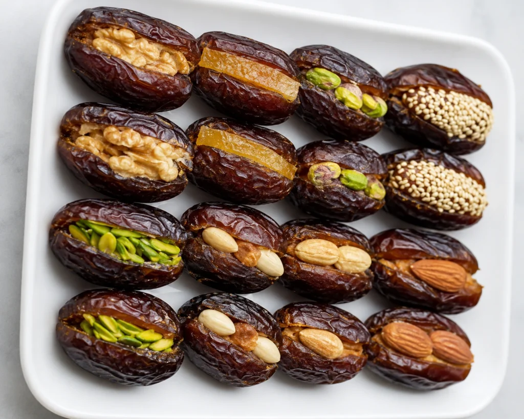 Gourmet Stuffed Dates served on a white plate with pistachios, almonds, walnuts, and candied fruit fillings