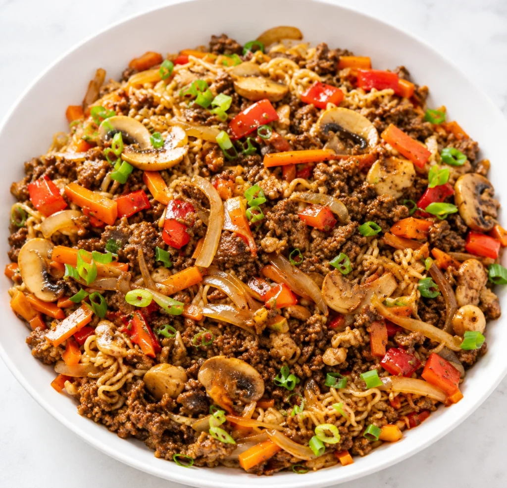 Ground Beef Ramen Stir Fry served in a white bowl with ramen noodles, mushrooms, carrots, bell peppers, onions, and green onions