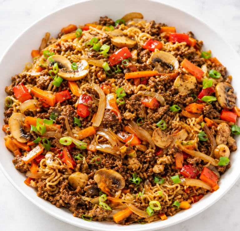 Ground Beef Ramen Stir Fry served in a white bowl with ramen noodles, mushrooms, carrots, bell peppers, onions, and green onions