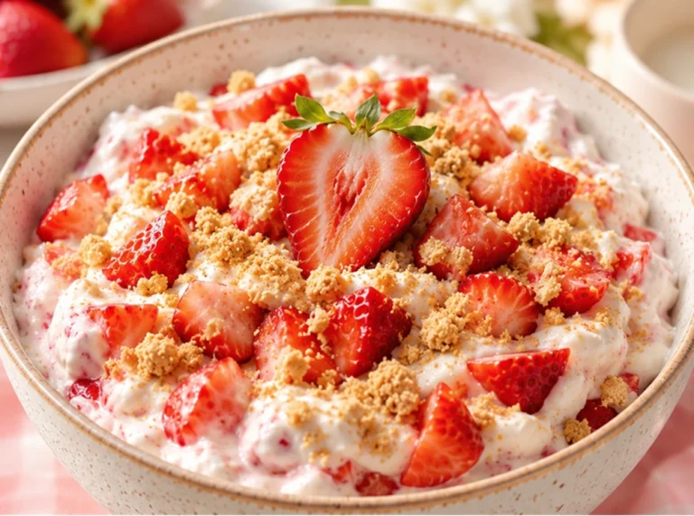 Guilt-Free Strawberry Cheesecake Bowl topped with fresh strawberries and crunchy cheesecake crumbs in a creamy protein-rich dessert bowl.