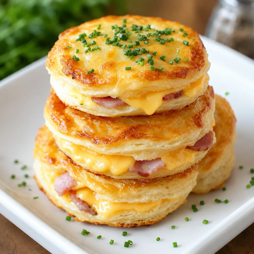 Stack of golden Ham and Cheese Butter Swim Biscuits with melted cheddar cheese and ham served on a white plate.