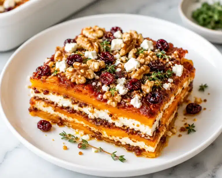 Hearty Roasted Veggie Lasagna with Sweet Potatoes & Feta served on a white plate, layered with roasted sweet potatoes, creamy feta cheese, walnuts, cranberries, and fresh herbs.