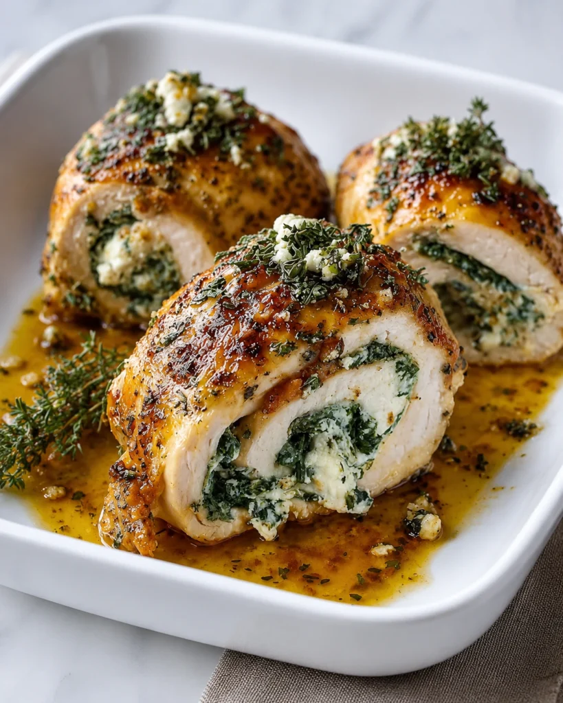 Golden brown Ultimate Herbed Ricotta Stuffed Chicken Rolls filled with creamy ricotta and spinach, served in a white baking dish with herb butter sauce.