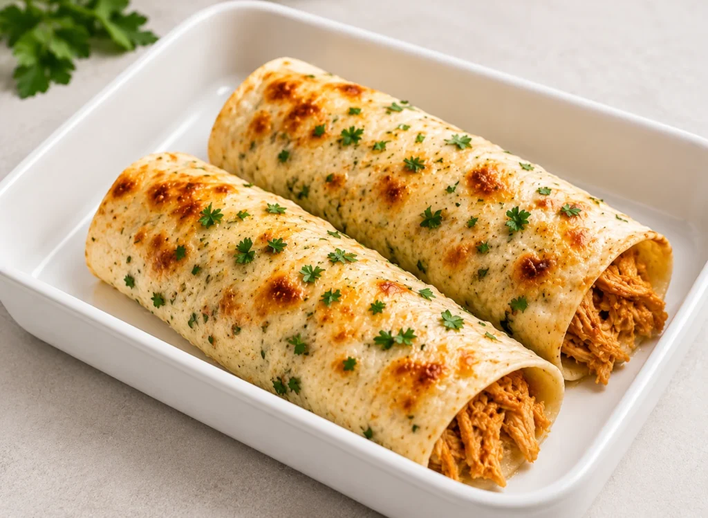 High Protein Chicken Enchiladas served in a white baking dish with melted golden cheese, shredded chicken filling, and fresh parsley garnish.