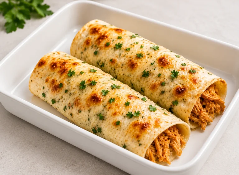 High Protein Chicken Enchiladas served in a white baking dish with melted golden cheese, shredded chicken filling, and fresh parsley garnish.