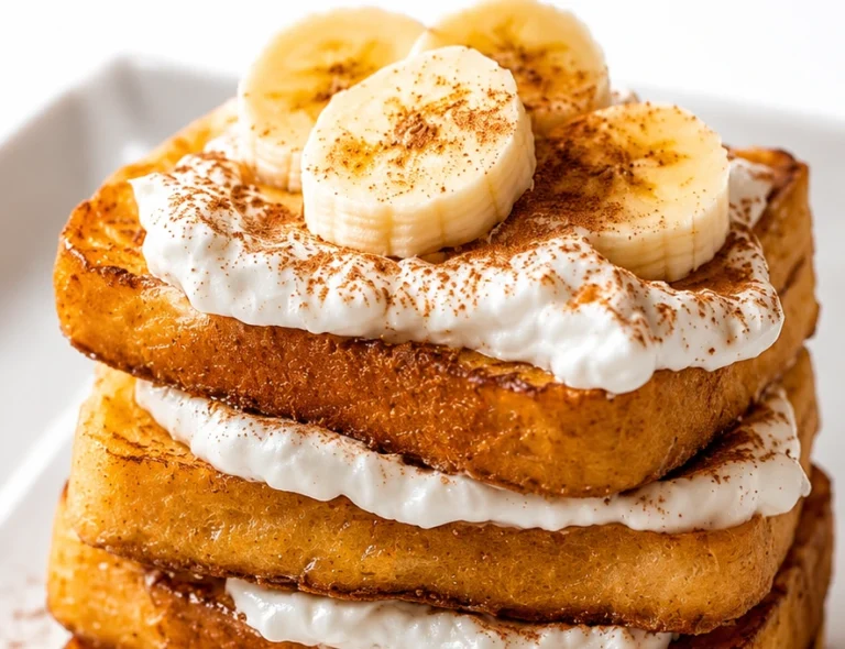High Protein French Toast Recipe topped with creamy yogurt, banana slices, and cinnamon on a white plate.