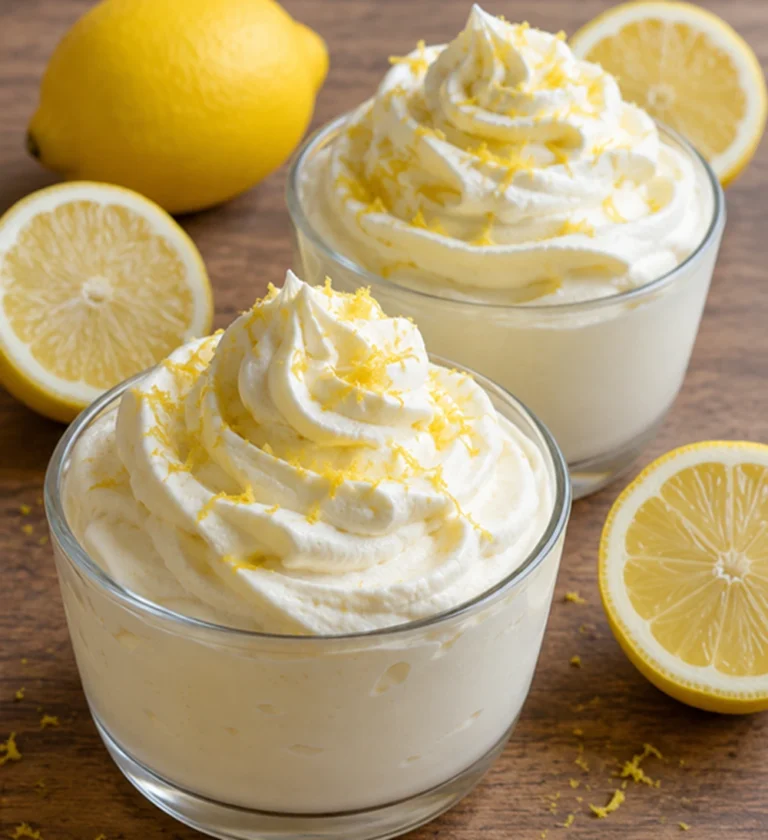 Two glass bowls of creamy High Protein Lemon Cottage Cheese Pudding topped with whipped cream and fresh lemon zest.