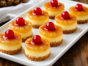 Mini pineapple upside-down cheesecakes topped with glossy pineapple slices and bright red cherries served on a white rectangular platter.